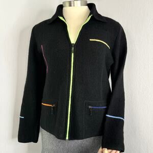 Vintage 100% Virgin Wool Black Multi Color Zip Cardigan Sweater Mod Reto Large